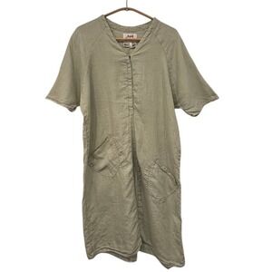 FLAX Linen Midi Dress Sage Green Button Front Pockets Size Small Lagenlook Boho